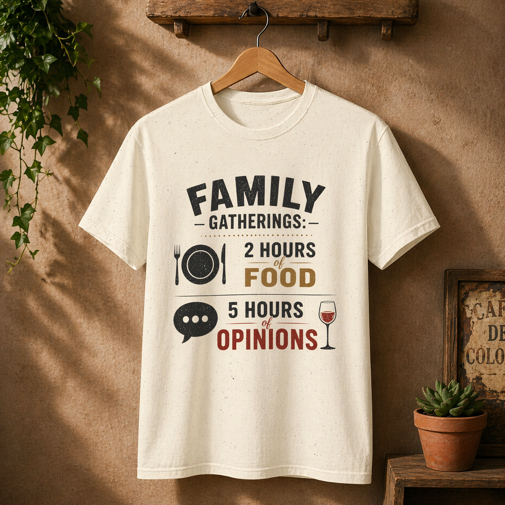 Family Gatherings T-Shirt – “2 Hours Food, 5 Hours Opinions” Funny Holiday Tee