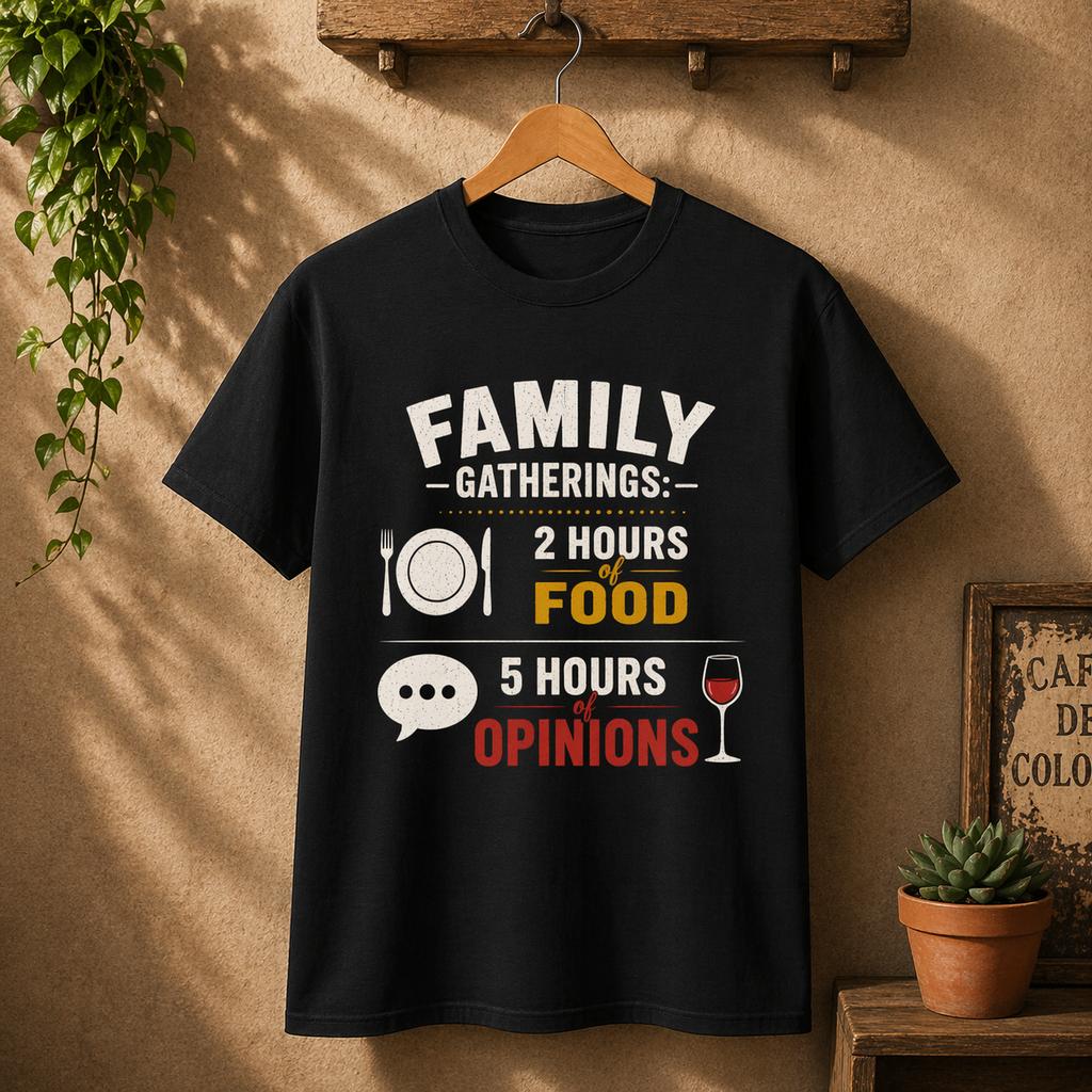 Family Gatherings Tee — "2 Hours Food, 5 Hours Opinions" Funny Holiday Shirt