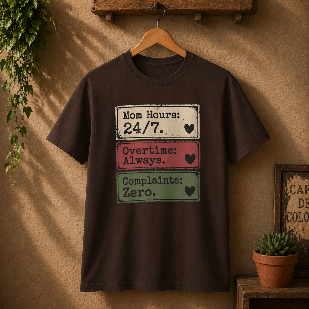 Mom Hours 24/7 Tee — Funny Mom Life Shirt (Overtime Always, Complaints Zero)