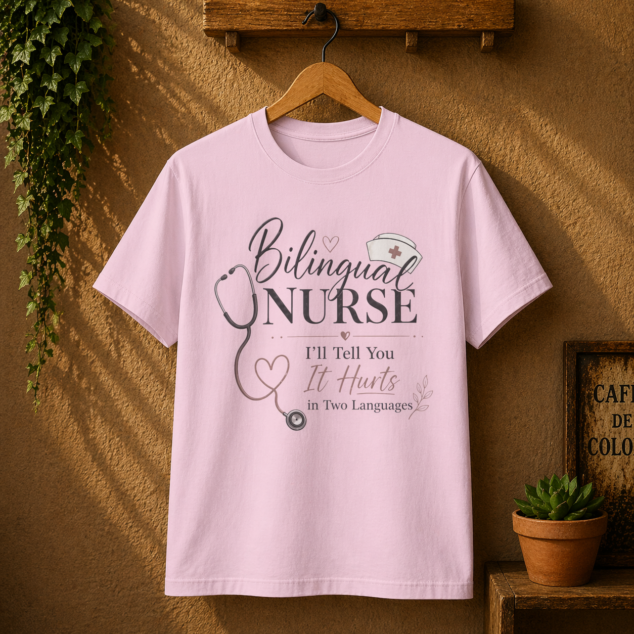 Bilingual Nurse T‑Shirt – "I'll Tell You It Hurts...In Two Languages" Stethoscope Design