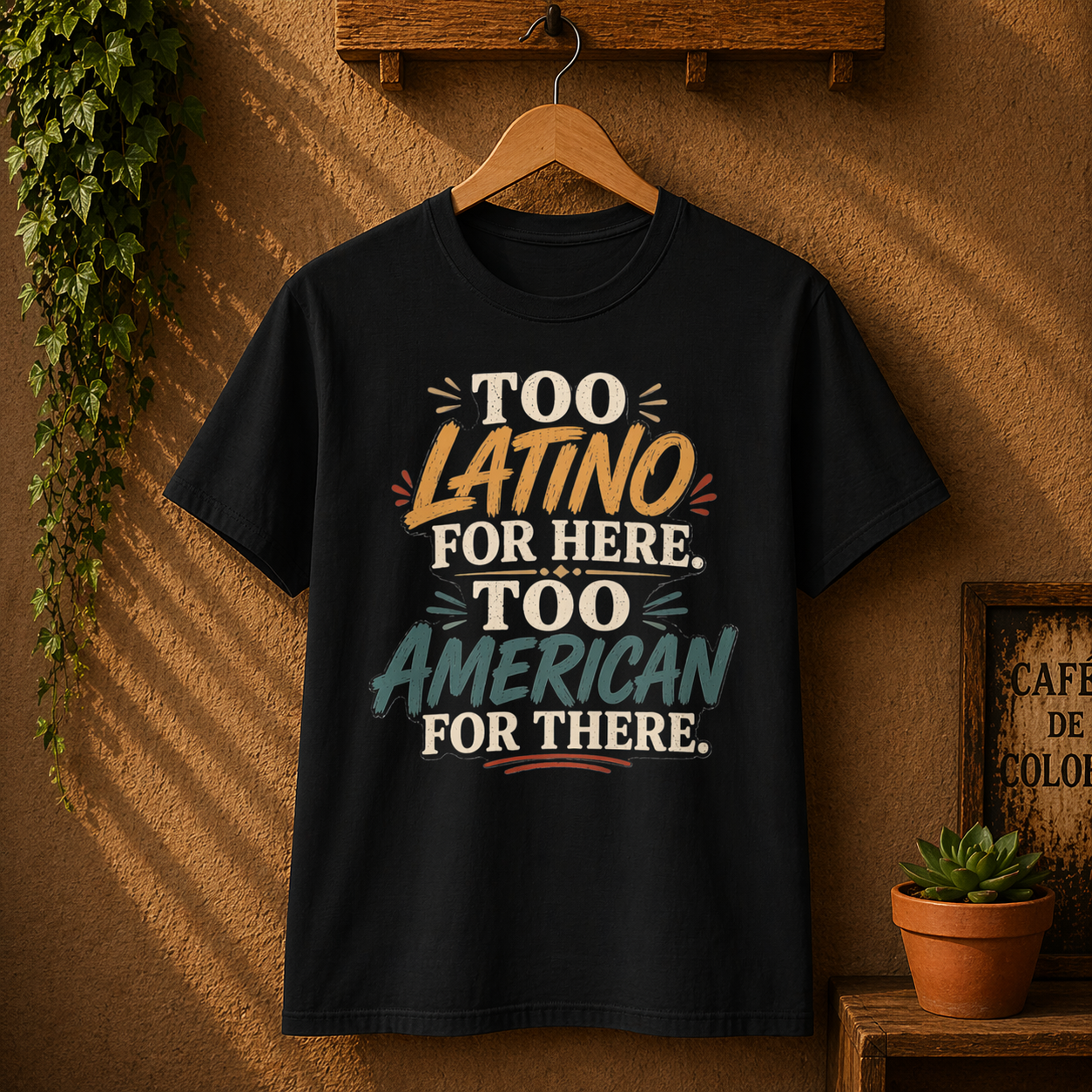 Too Latino For Here Too American For There T-Shirt — Bilingual Pride Graphic Tee