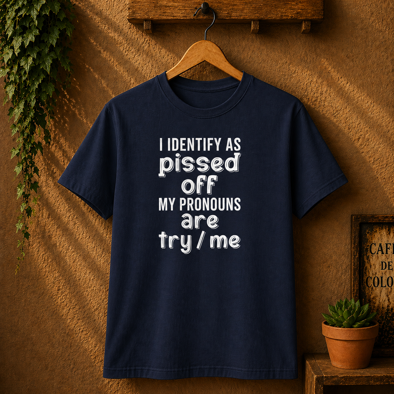Graphic Tee — “I Identify As Pissed Off, My Pronouns Are Try/Me” Statement Shirt