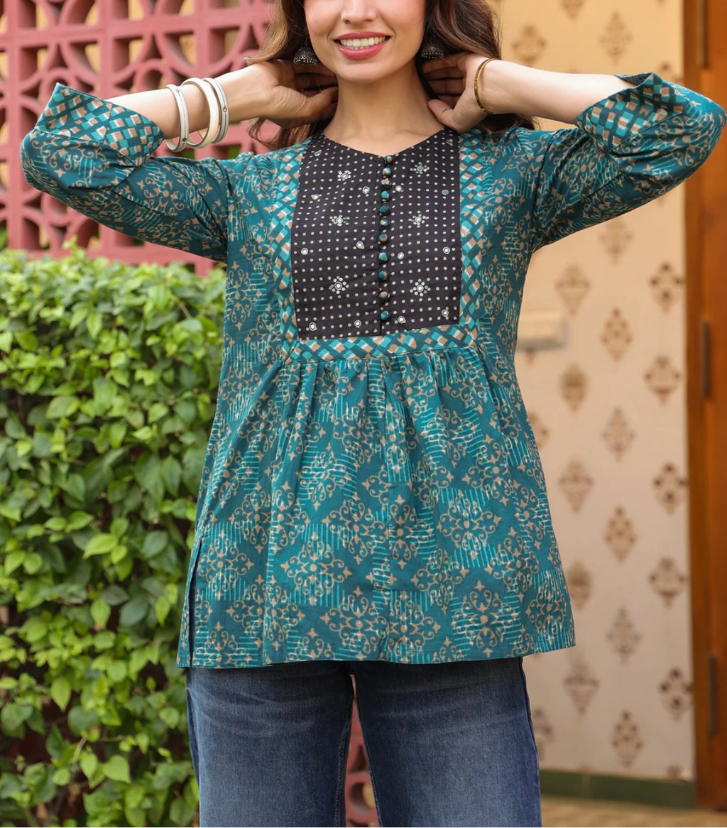 Teal Printed Peplum Cotton Top