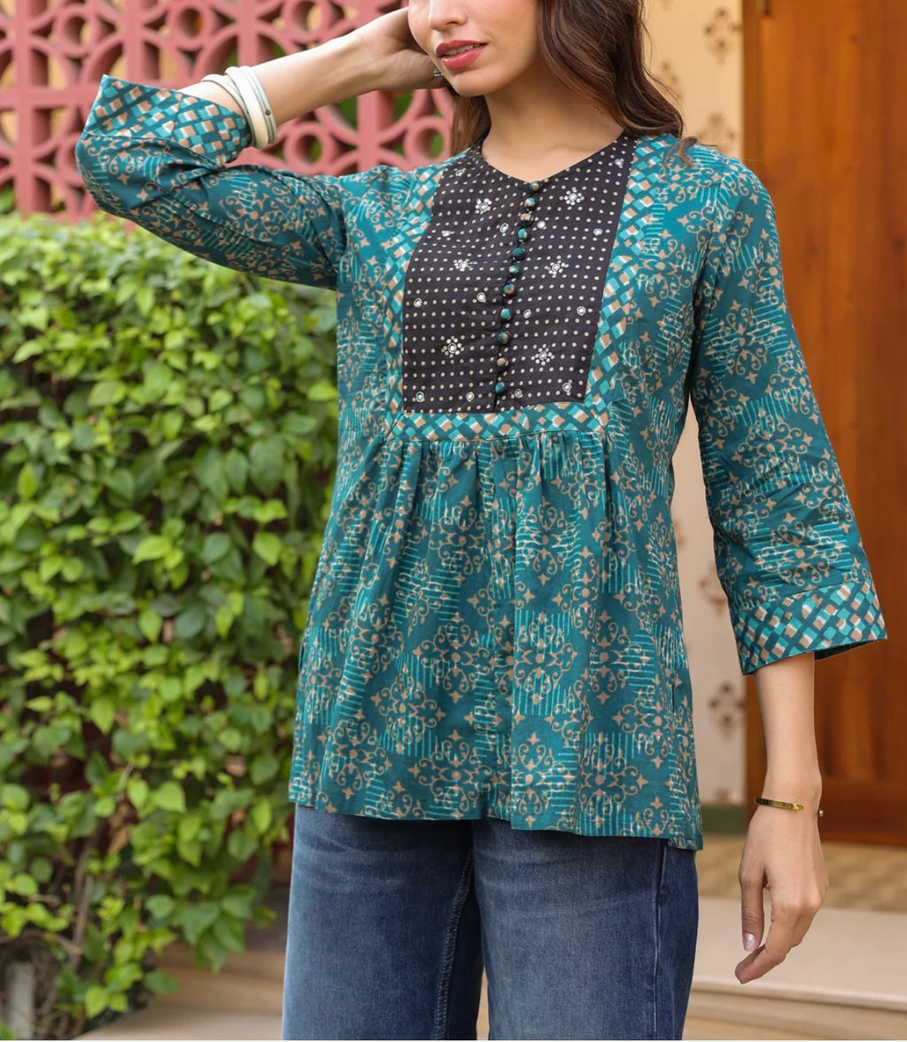 Teal Printed Peplum Cotton Top