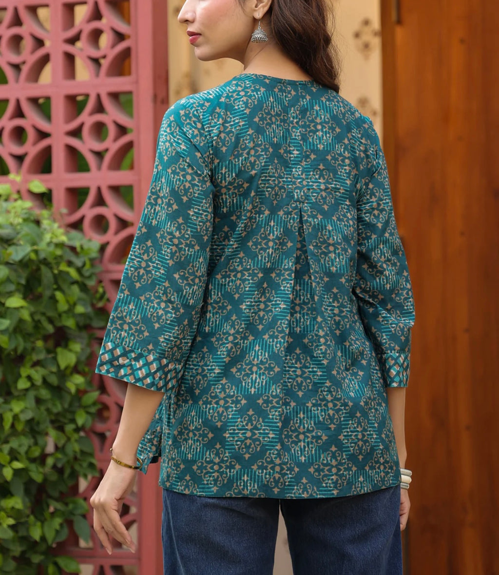 Teal Printed Peplum Cotton Top