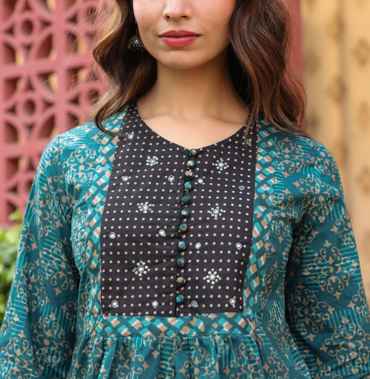 Teal Printed Peplum Cotton Top