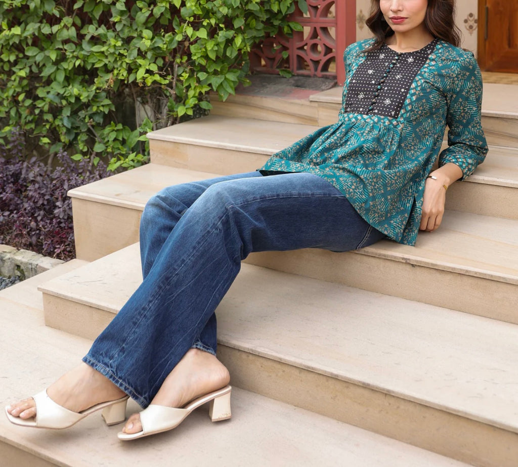 Teal Printed Peplum Cotton Top