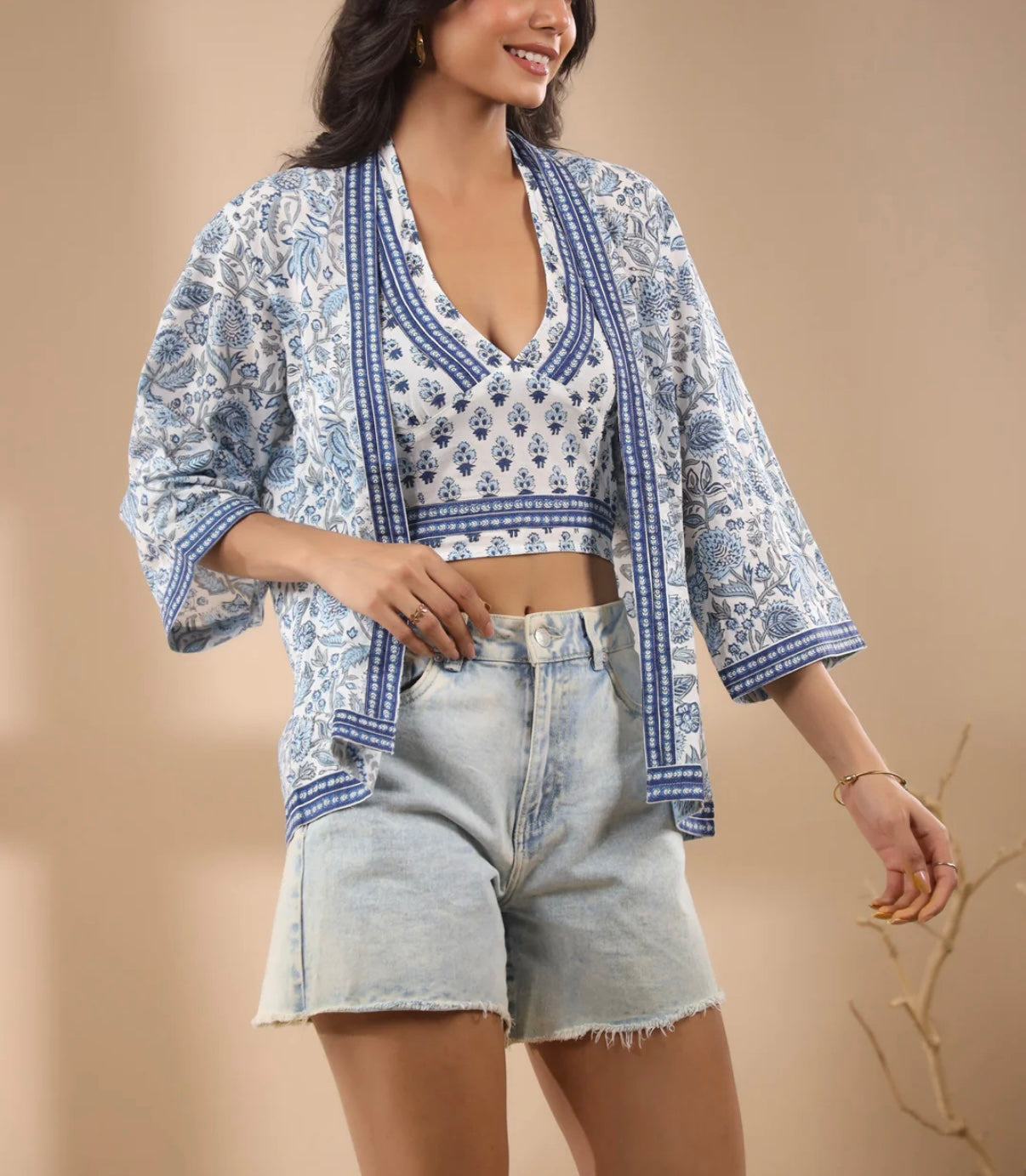 Blue Cotton Floral Printed Crop Top
