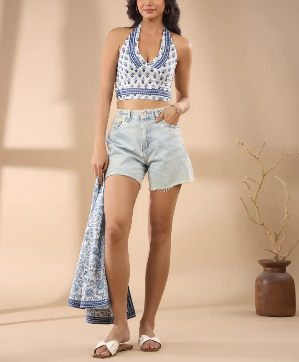 Blue Cotton Floral Printed Crop Top