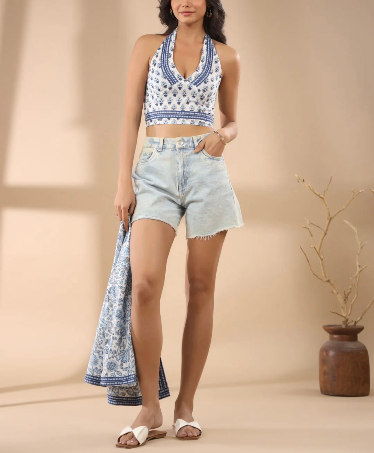 Blue Cotton Floral Printed Crop Top
