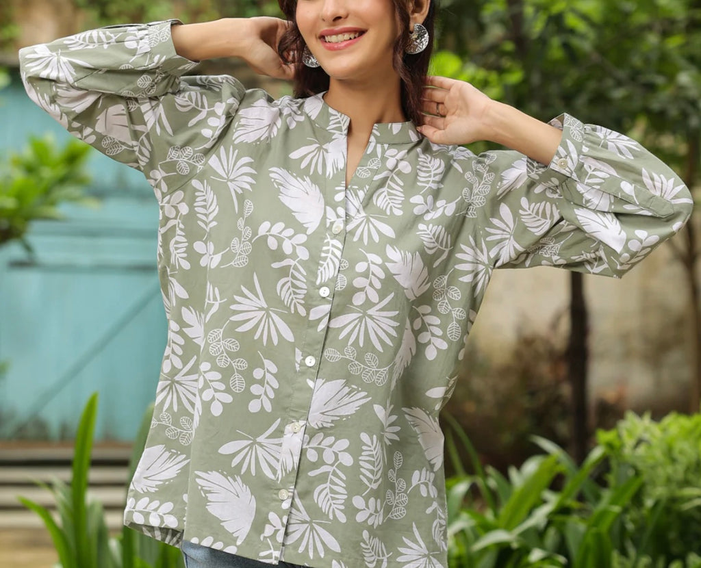 Sage Green Floral Cotton Top