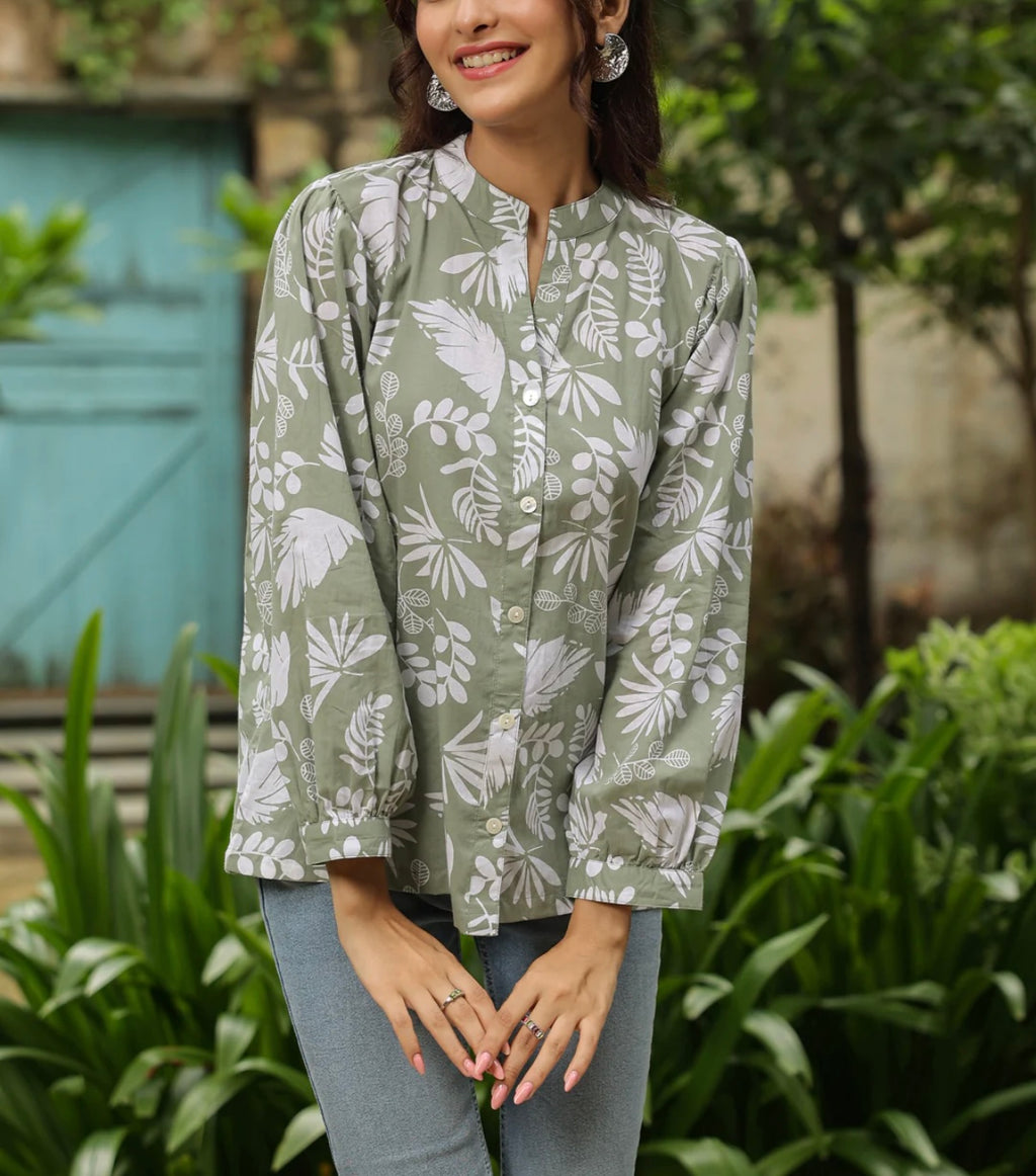 Sage Green Floral Cotton Top