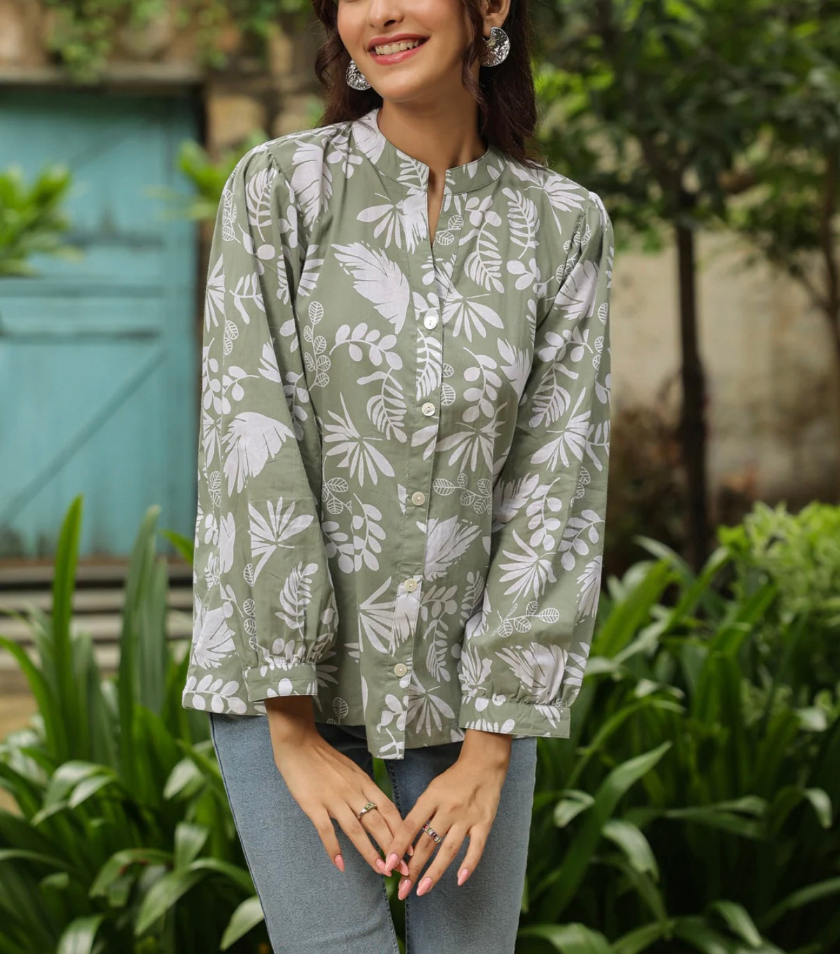 Sage Green Floral Cotton Top