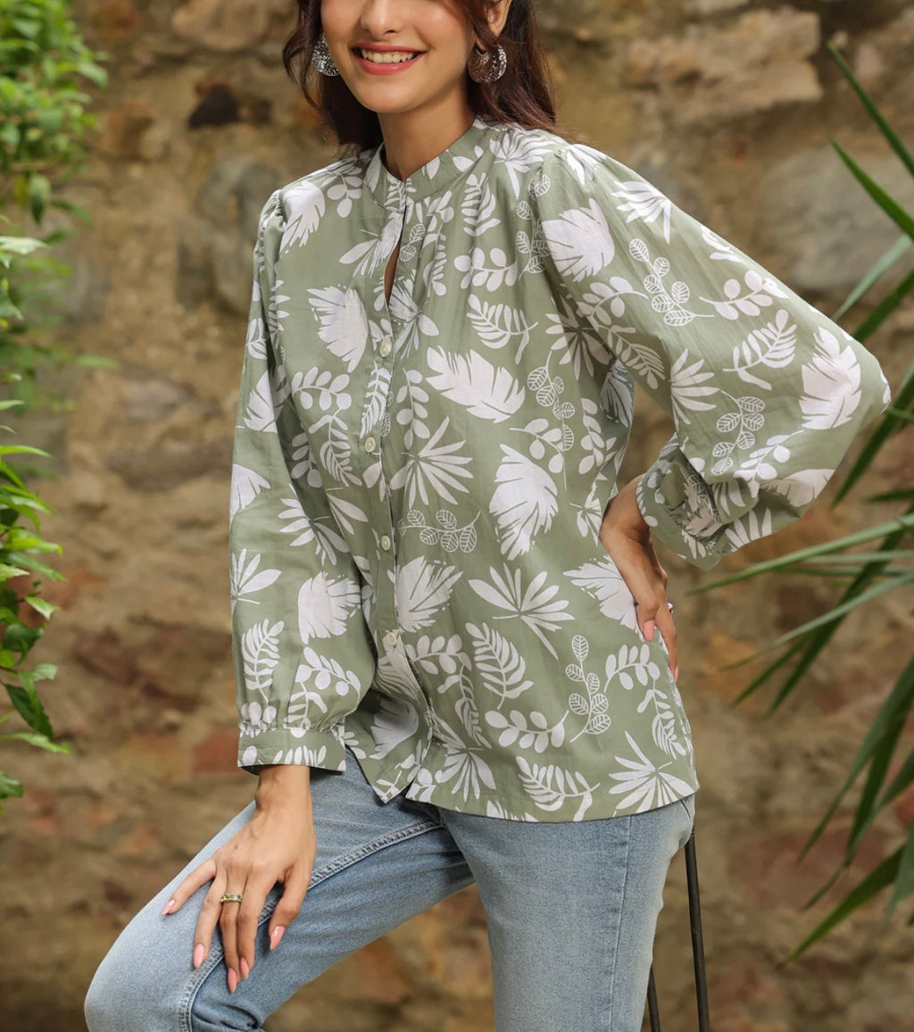 Sage Green Floral Cotton Top