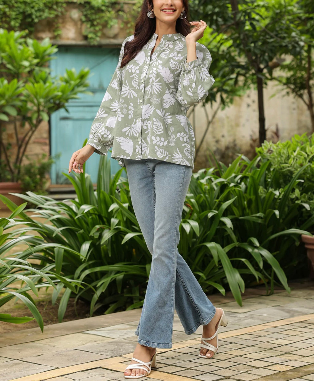 Sage Green Floral Cotton Top