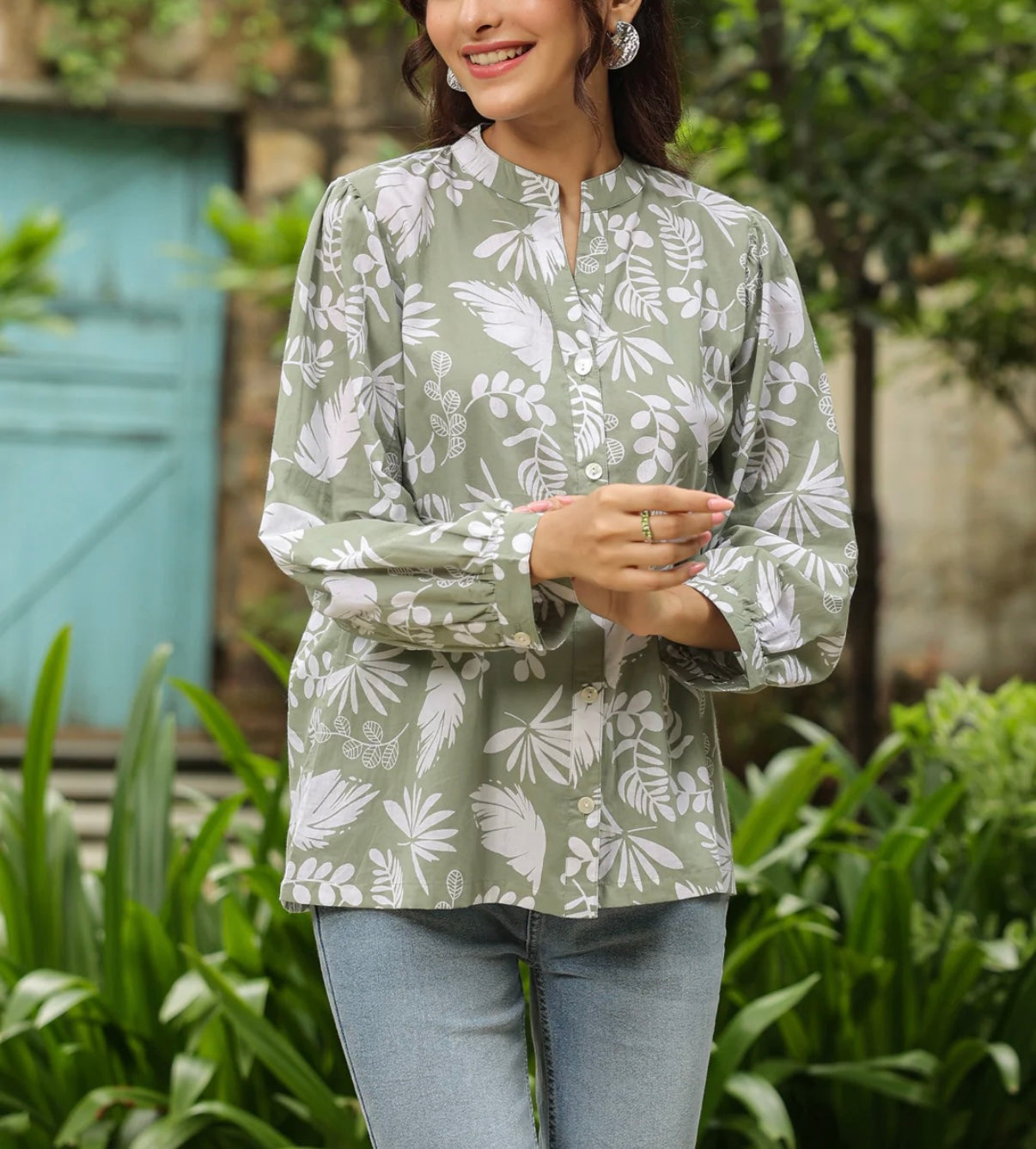 Sage Green Floral Cotton Top