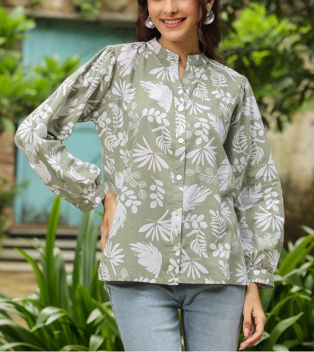 Sage Green Floral Cotton Top