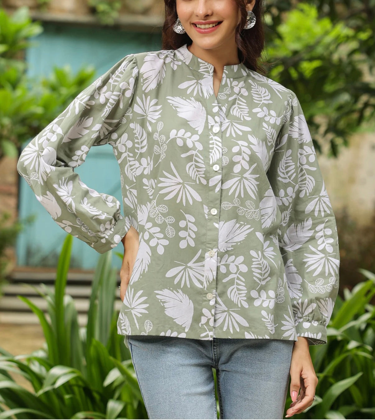 Sage Green Floral Cotton Top