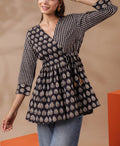 Black Printed Peplum Cotton Top