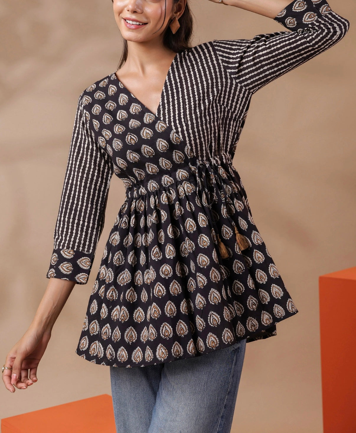 Black Printed Peplum Cotton Top