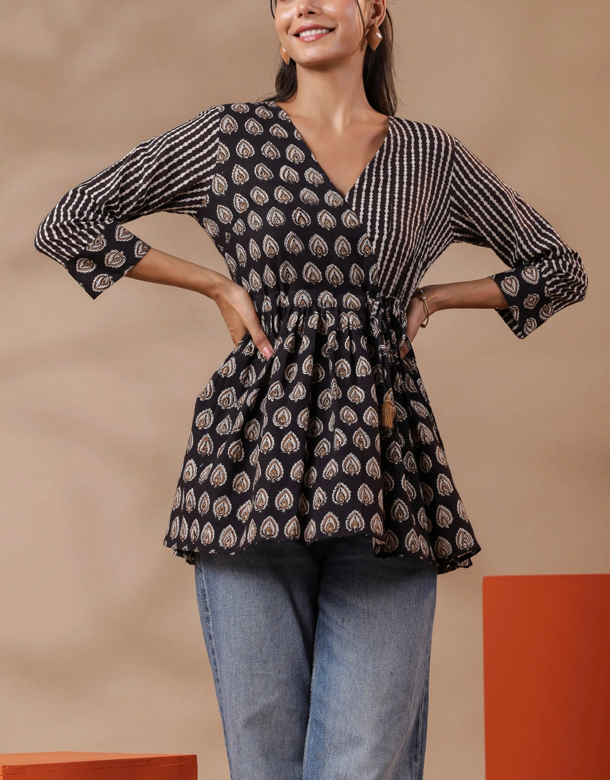 Black Printed Peplum Cotton Top
