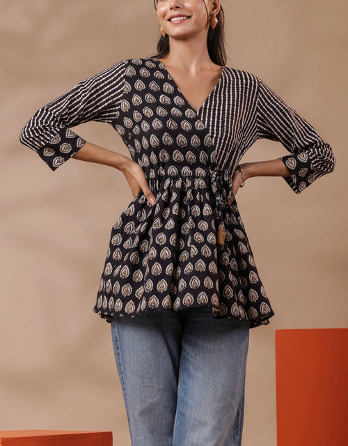 Black Printed Peplum Cotton Top