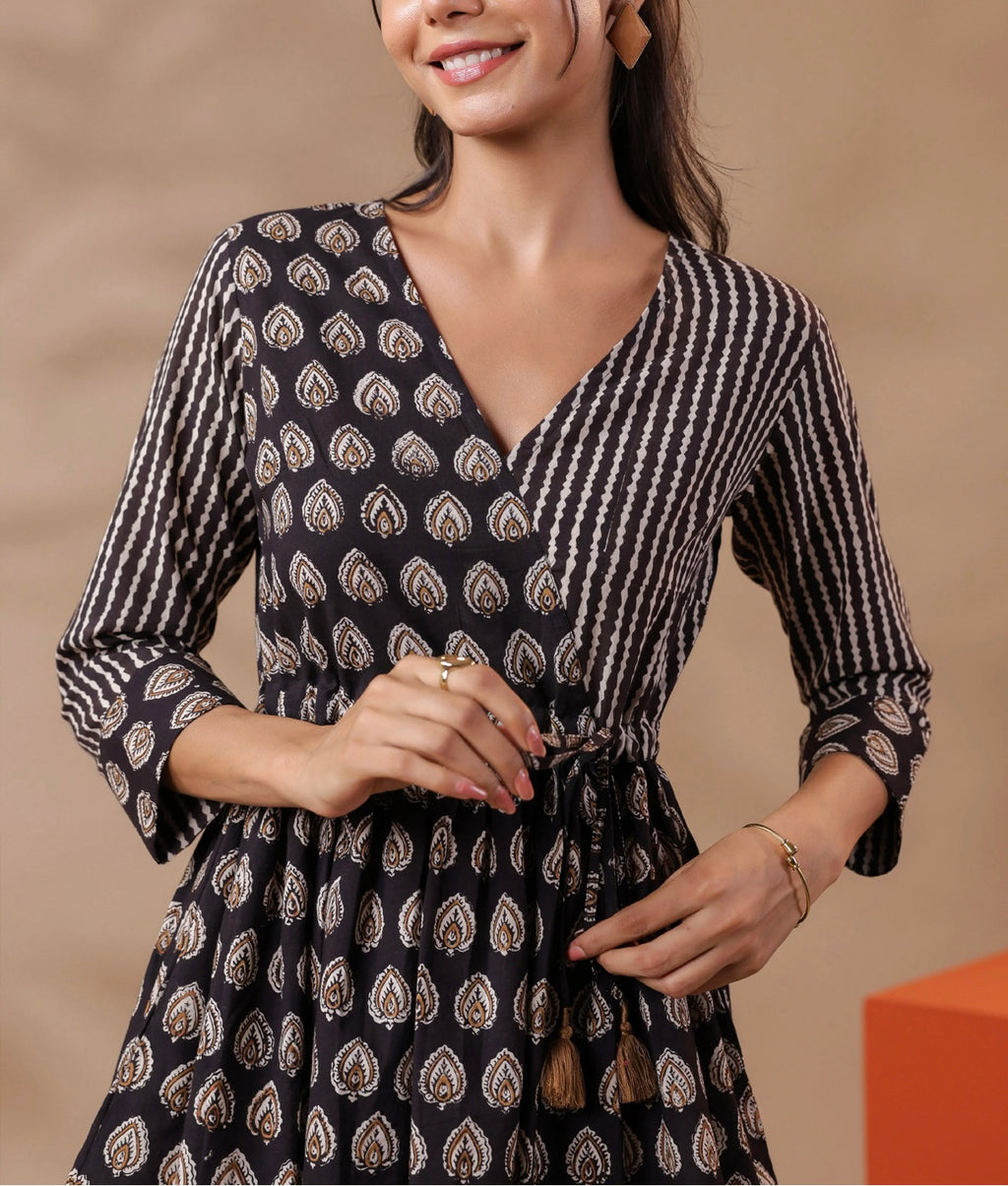 Black Printed Peplum Cotton Top
