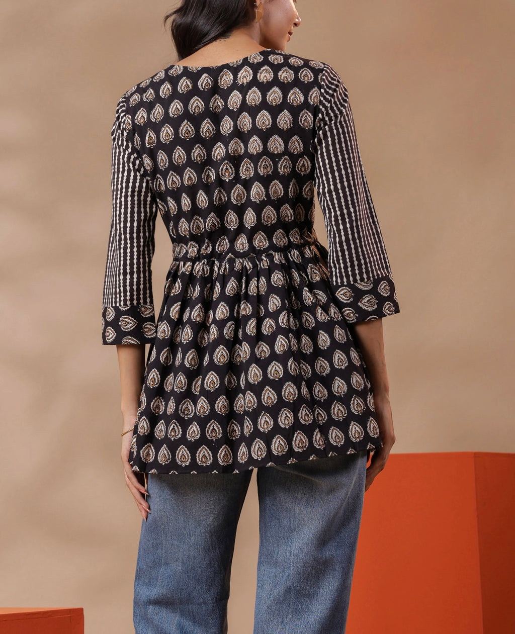 Black Printed Peplum Cotton Top